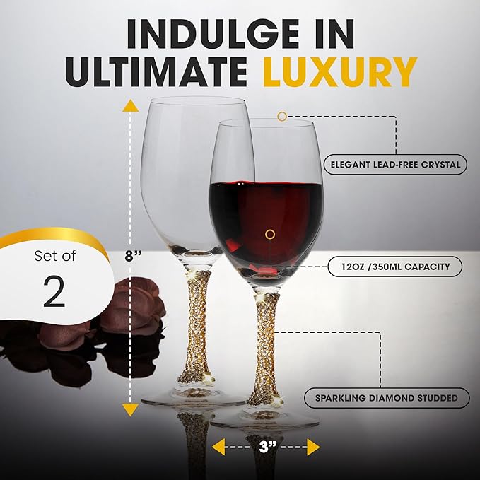 Premium Wine Glasses Set of 2 - Crystal Long Stem Wine Glass with Gold Rhinestone Stem Design - 12 oz