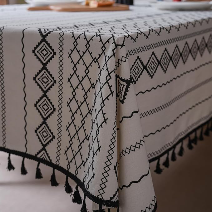 Cotton Linen Table Cloths Boho Farmhouse Heavy Fabric Table Cover Burlap Striped Washable Table Top For Parties Coffee Kitchen Picnic White Black Tassels(Rectangle/Oblong, 55" x 102"(8-10 Seats)