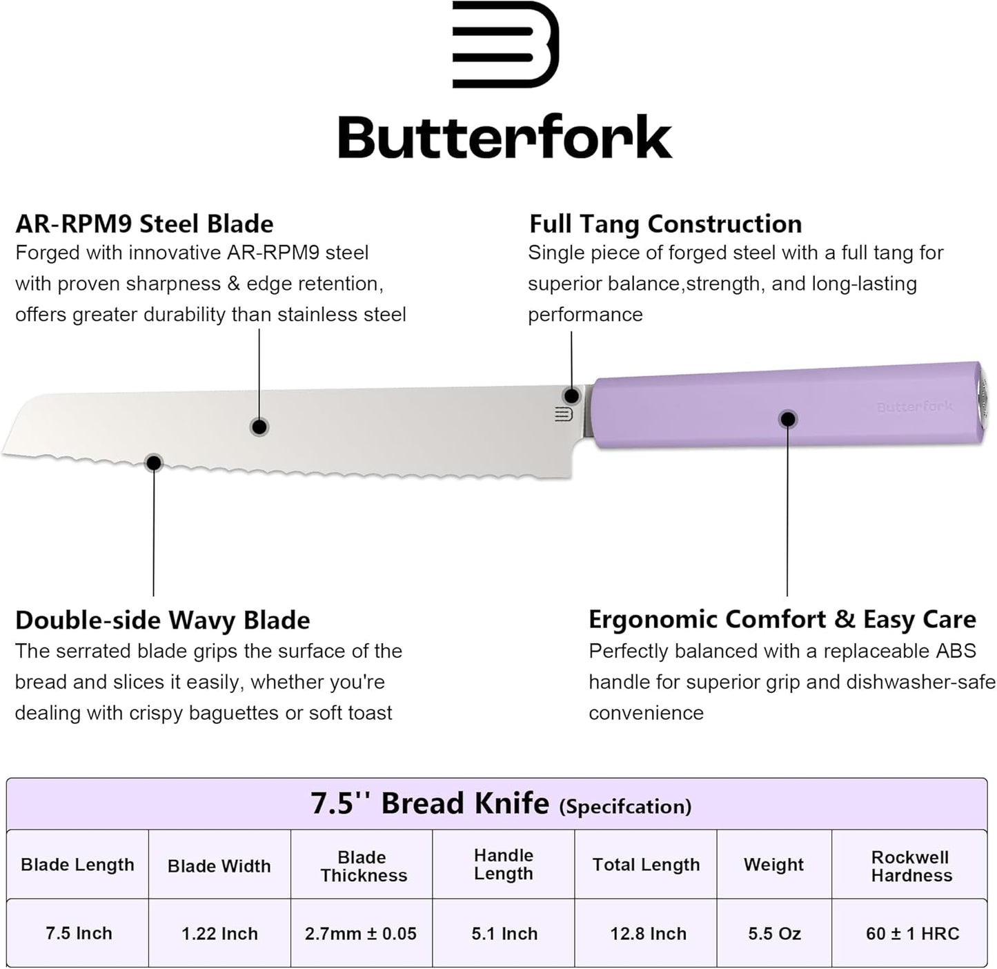 7.5" Serrated Bread Knife for Homemade Bread, Razor Sharp AR-RPM9 Steel & Innovative Wavy Edge, Professional Serrated Knife for Sourdough Bread Cake, Gift Box for Baker Home Chefs