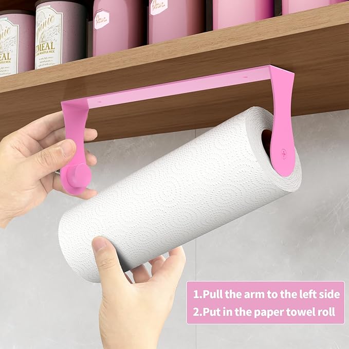Pink Paper Towel Holder Under Cabinet, Pink Kitchen Accessories Decor, Stainless Steel, Wall Mount Paper Roll Holder for Bathroom, Adhesive or Screws