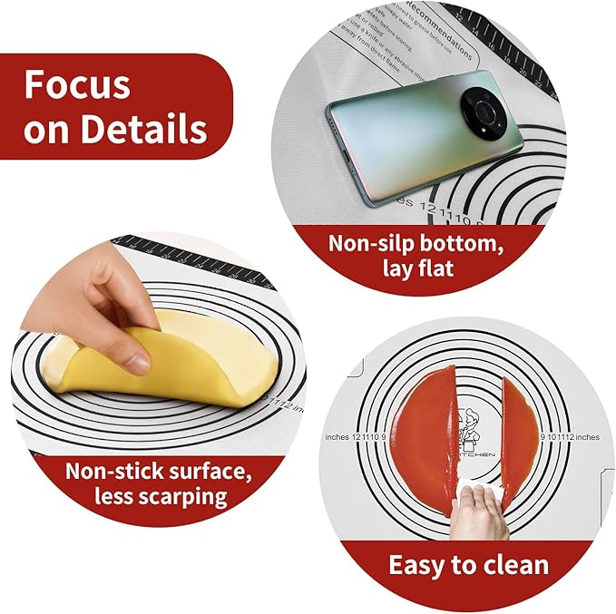 Silicone Pastry Mat for Dough Rolling, Non Stick Silicone Mat for Baking Bread, Pizza, Cookies, Macaron, Silicone Baking Mats with Measurements, Non-slip and Reusable Silicone Mat for kitchen Counter