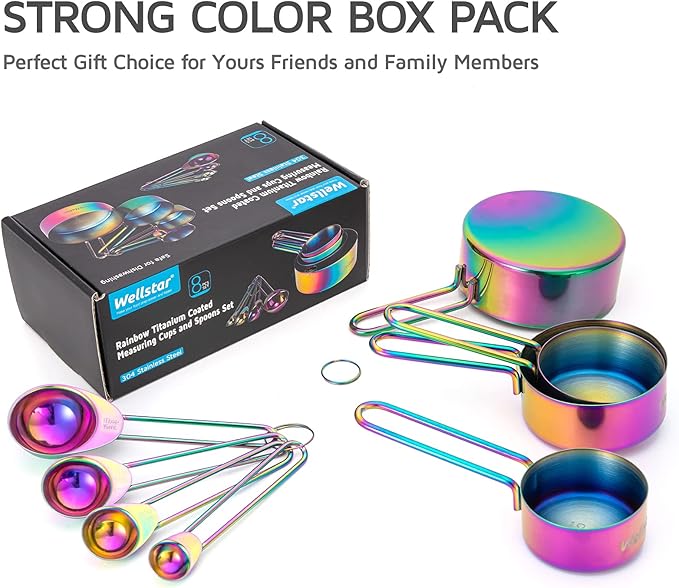 WELLSTAR Measuring Cups and Spoons Set of 8, Food Grade 18/8 Stainless Steel Measure set for Dry Liquid Measurement, Rainbow Titanium Coated Kitchen Gadgets for Cooking Baking, 4 Cup and 4 Spoon