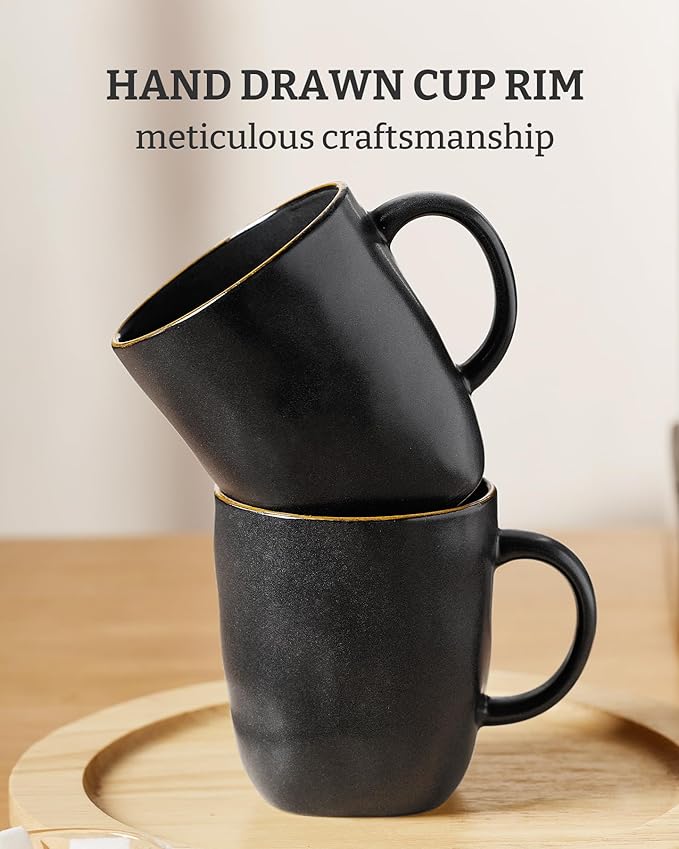 famiware Coffee Mugs Set of 6, Ocean Square 13oz Coffee Cup Set with Handle for Cocoa, Milk, Hot Chocolate, Tea, Water, Stoneware Cups for Kitchen, Microwave and Dishwasher Safe, Matte Black