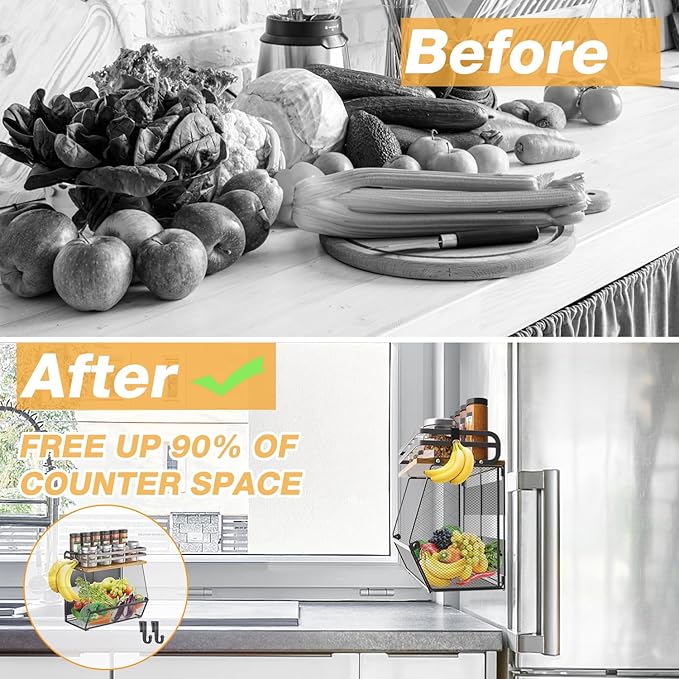 Magnetic Shelf for Fridge with Wood Lid, Extra-Large Capacity Magnetic Spice Rack for Refrigerator Kitchen Storage Bin for Fruit, Onion, Potatoes, Storage Organizer for Counter & Cabinet, Mesh Basket