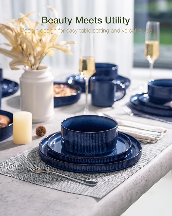 Famiware Star Dinnerware Set with Pasta Bowls, Service for 4 (16pcs), Ribbed Stoneware Plates and Double Bowls Dishes Sets - Chip & Scratch Resistant, Microwave & Dishwasher Safe, Nebulas Blue