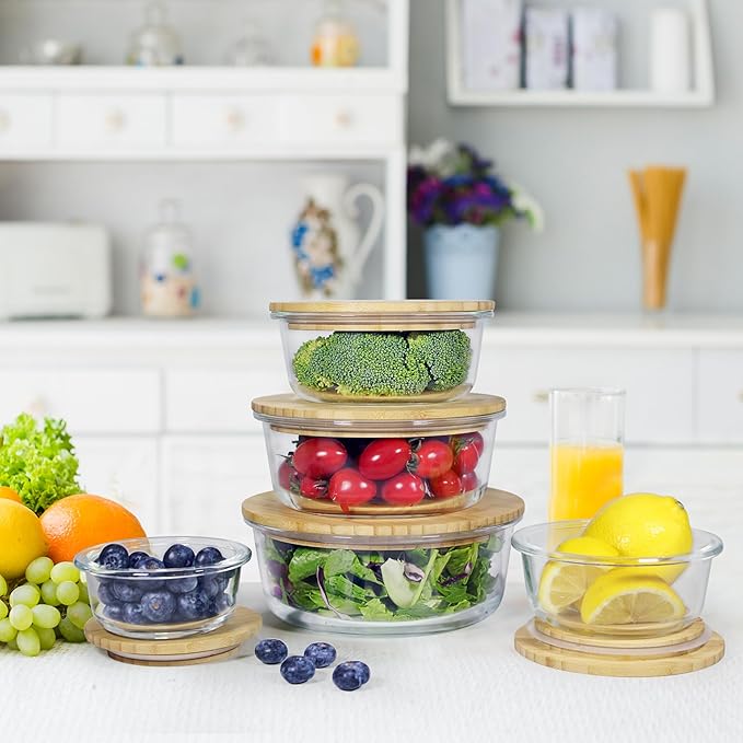Urban Green Glass Food Container with Bamboo Lid, Airtight food storage Containers set, Glass Meal Prep Containers Set of 5, Dishwasher & Oven Safe
