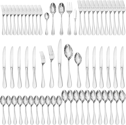 KINGSTONE 65 Piece Teardrop Silverware Set With Serving Utensils, 18/10 Stainless Steel Flatware Set, Modern Design Cutlery Set for Home/Hotel/Wedding,Mirror Polished and Dishwasher Safe