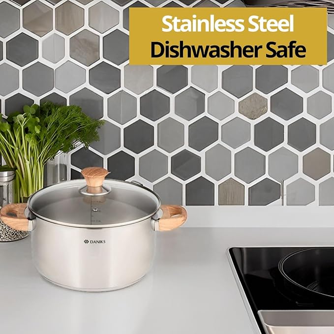 Daniks Oslo 6-Piece Stainless Steel Induction Cookware Set – Dishwasher Safe Pots with Heatproof Handles, Glass Lids, Silver