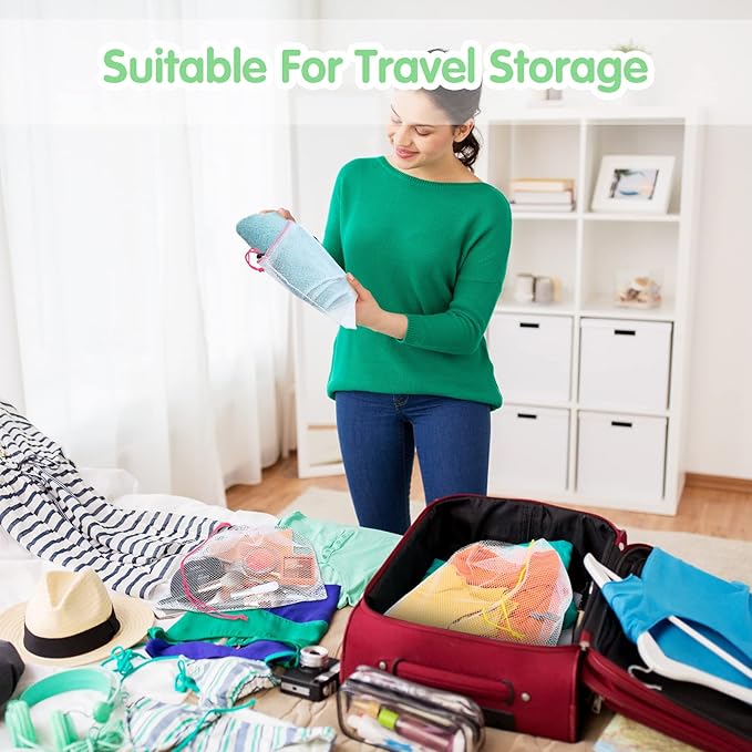 Frienda 20 Pcs Mesh Bags for Toys Storage 3 Sizes Reusable Produce Bags with Drawstring for Beach Bath Pool Toy Organizer, Fruits Vegetable Grocery Playroom Storage(Green, Yellow, Rose Red)