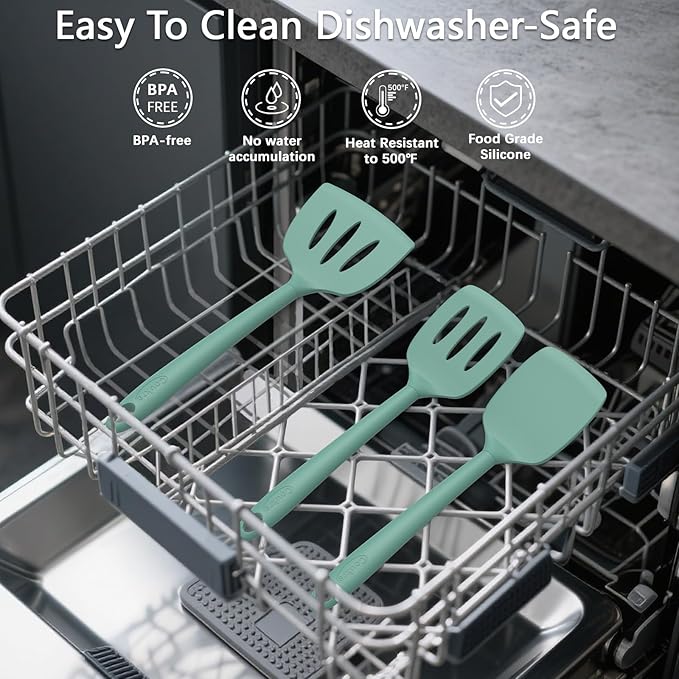 Coukre 3 Pack Silicone Spatula Set, High Heat Resistant, BPA-Free, Fish Spatula, Solid & Slotted Turner for Non-Stick Pans, Flipping Eggs, Pancakes, Fish, Burgers (3, PureAquaGreen)