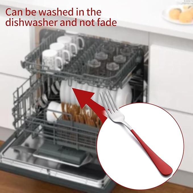 Red Dinner Fork, 18/0 Red handle Stainless Steel Satin Finish 8.1-inch Silverware Flatware Fork Set, Set of 24, Dishwasher Safe