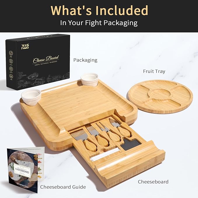YZS Bamboo Charcuterie Boards Set -Unique Cheese Board with Accessories - Perfect for Housewarming, Weddings, Bridal Showers, Birthday Gifts, Mother's Day Gift, Parties, Eco-Friendly & Elegant Design
