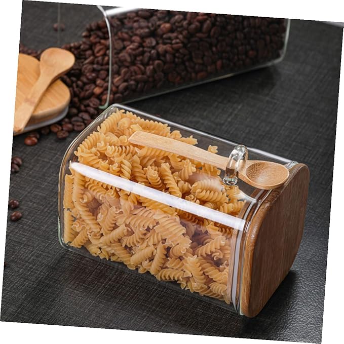 2 Sets Glass Food Storage Containers with Wood Lids and Spoons Airtight Sealed Clear Coffee Bean Holders and Tea Pots Easy Scoop Kitchen Pantry Jars for Freshness and Meal Prep