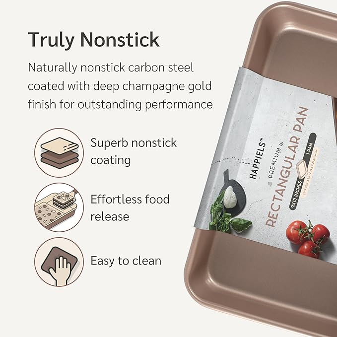 HAPPIELS Nonstick Non Toxic 9x13 in Baking Pan for oven | Cake Mold 9 x 13 Non Stick Nontoxic | Carbon Steel Gold Brownies Pans 13x9 inches | Rectangle Brownie Tray 9 by 13 inch | Baking Ware