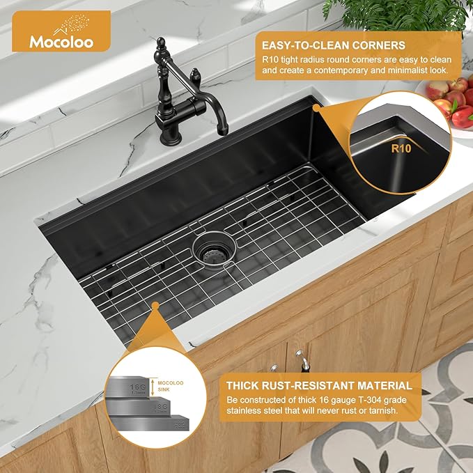 Mocoloo 33 Inch Undermount Kitchen Sink - 33 x 19 Black Stainless Steel Sinks Ledge Workstation 16 Gauge Deep Single Bowl Handmade NANO-PVD Under Counter Gunmetal Black Kitchen Sink