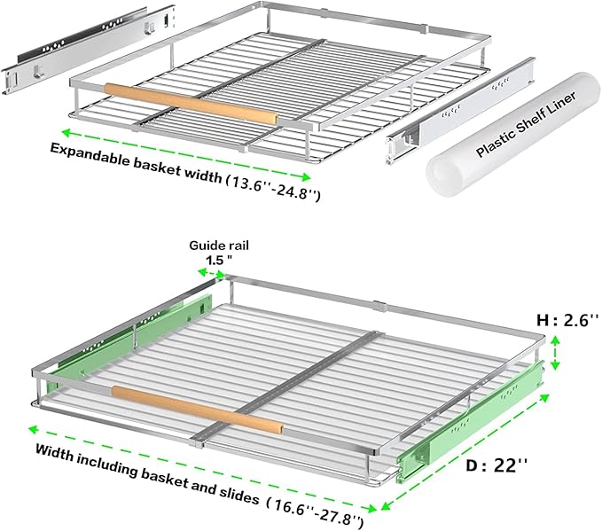 Large Expandable Pull Out Cabinet Drawer, Heavy Duty Slide Out Basket Cabinet Organizer for Kitchen, Under Sink, Bathroom, Wardrobe, 17''-28''W(3 Pack)