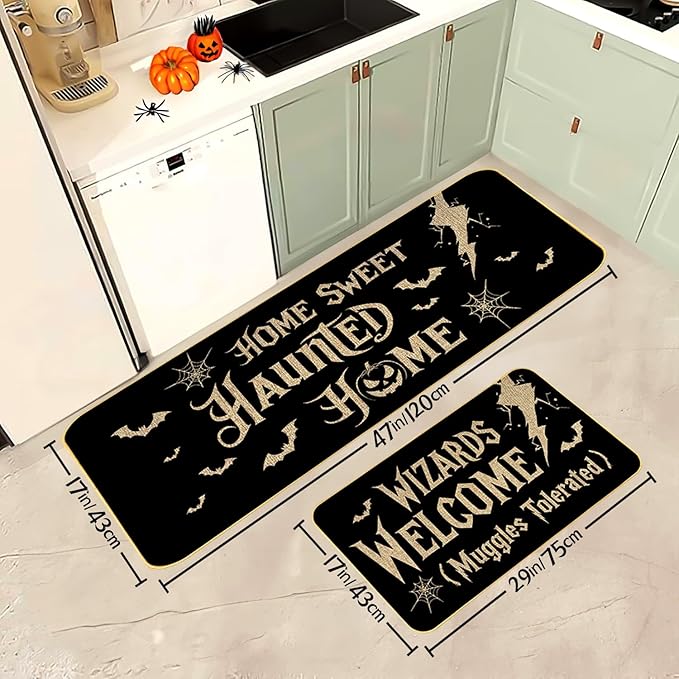 Halloween Kitchen Mat Set, 17"x29"and17 x47 Non-Slip Floor Rugs with “Wizards Welcome Muggles Tolerated” and “Home Sweet Haunted Home” Designs, Indoor Outdoor Spooky Halloween Decor