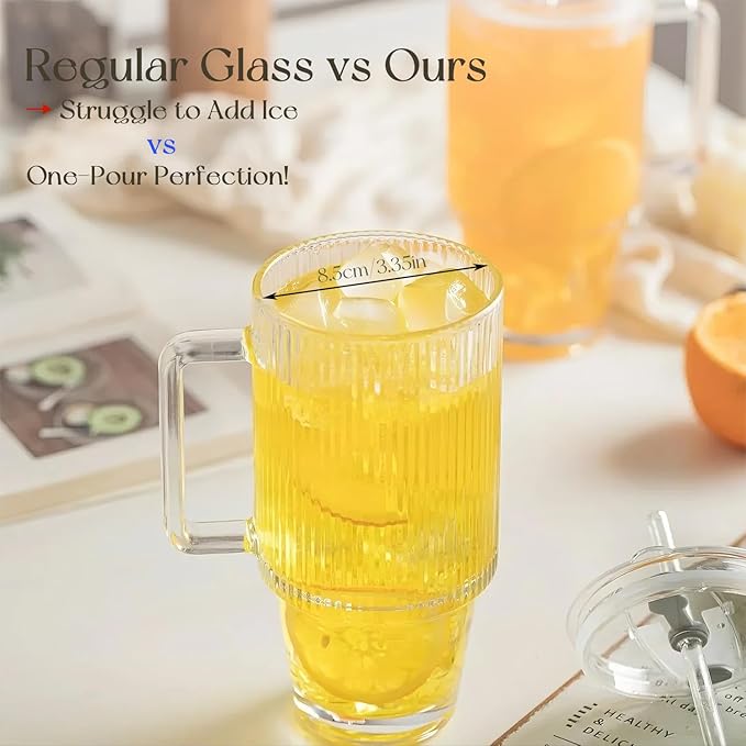 KEMORELA 4PCS 24oz Ribbed Glass Tumblers with Lids & Straws – Textured Handle Drinking Glasses for Iced Coffee, Smoothies, Cold Beverages – Reusable Clear Drinkware Set, Dishwasher Safe