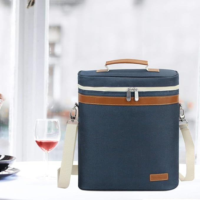 ZORMY 3 Bottle Insulated Wine Tote Cooler Bag, Portable Carrier with Corkscrew Opener and Shoulder Strap for Beach Travel Picnic, Unique Gift for Wine Lovers Navy Blue