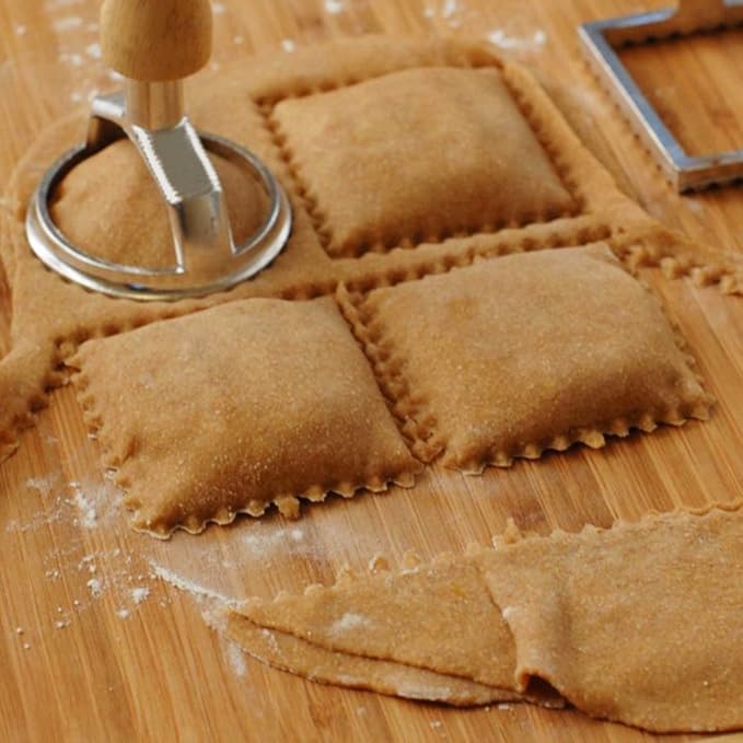 Ravioli Maker Cutter Stamps Set Round & Square Shape Ravioli Masker - Large Size Aluminum Press with Wooden Handle and Fluted Edge, Set of 2