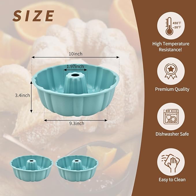2 Pack Silicone Bundt Cake Pan Nonstick,10 Inch, Silicone Cake Molds,Pound Cake Pan, Baking for Jello,Gelatin,Cake,Brownie and Bread (Blue+Blue)