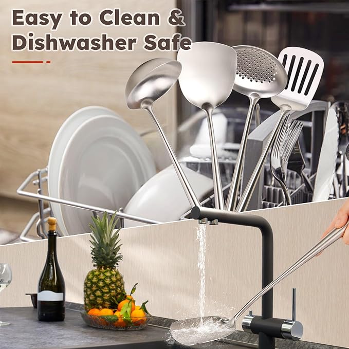 MARTE Kitchen Cooking Utensils Set, 5 Pcs Stainless Steel Cooking Kitchen Utensils Spatula Set with Holder, Heat-Resistant Spatula and Ladle Skimmer Turner Tool Set，Dishwasher Safe & BPA Free