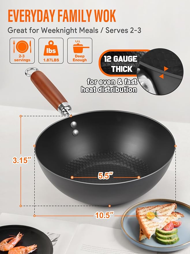 Carbon Steel Wok Pan, 10.5" Authentic Chinese Stir-Fry Pans Set with Glass Lid, 1.87lb Lightweight Flat Bottom Small Wok for 2-3 Servings