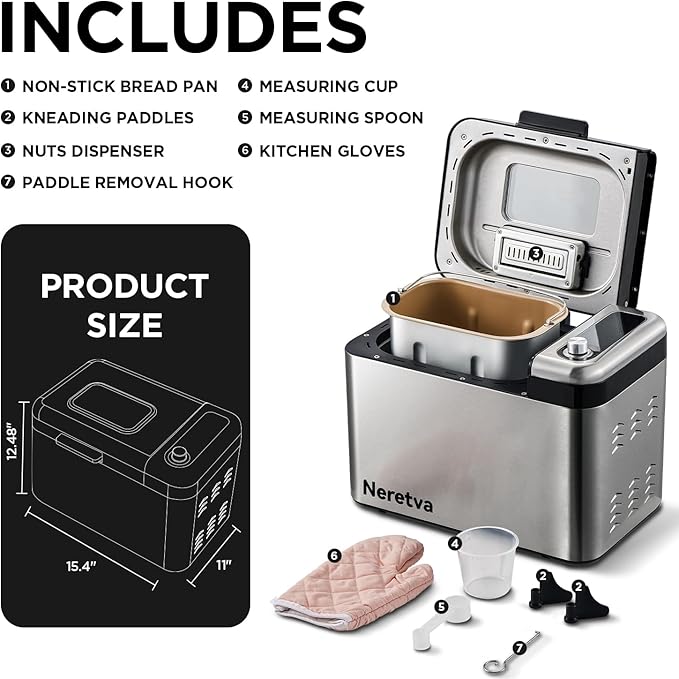 Neretva Bread Maker, 3.3LB Larger Bread Machine 15-in-1 Stainless Steel & Nonstick Ceramic Pan & Auto Nut Dispenser Breadmaker Machines Full Touch Panel with Gluten Free White Wheat Rye French Pizza
