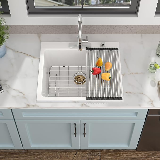 25 Granite Composite Kitchen Sink - Fulorni 25"×22" Granite Kitchen Sink Drop In Topmount White Quartz Classic Above Counter Single Bowl Basin