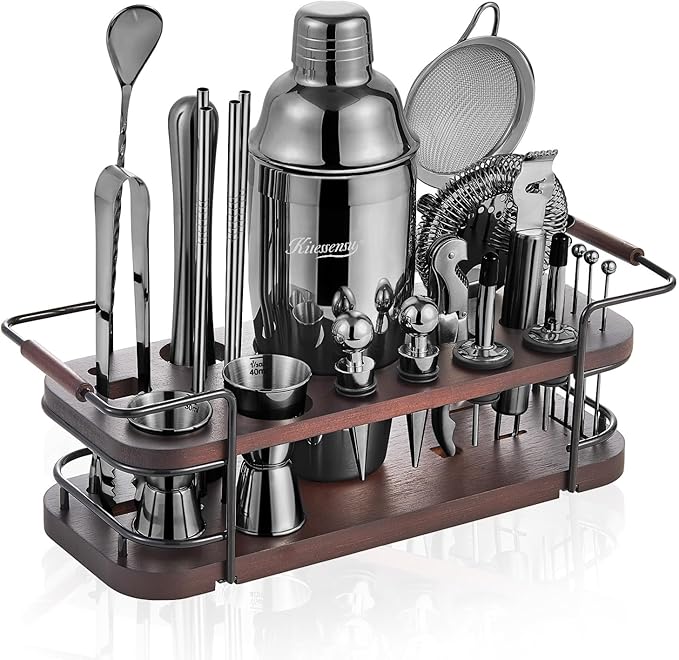 KITESSENSU Cocktail Shaker Set Bartender Kit with Stand | Complete 24-Piece Bar Set Cocktail Kit with All Bar Accessories, Black
