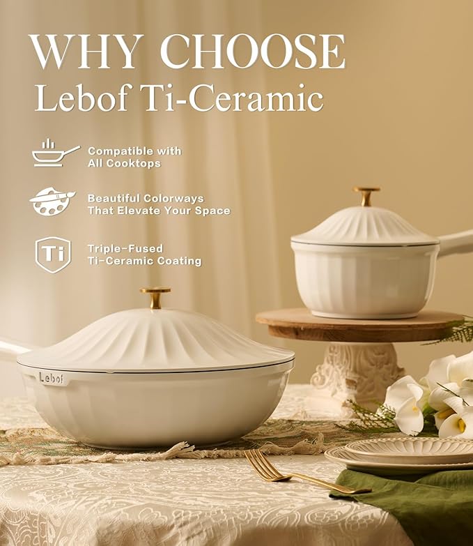 Nonstick Ceramic Cookware Set (7 Piece)–Titanium Cast Aluminum Pots and Pans Set with Lids, Non Toxic PFAS-Free Compatible with All Stovetops–Pearl White