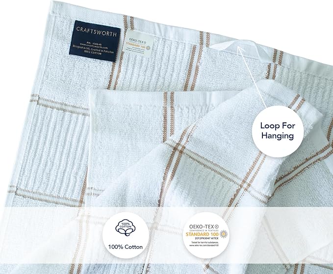 CRAFTSWORTH Kitchen Towels, 15 x 26 Inches, Pack of 6, 400 GSM, 100% Ring Spun Cotton, Tan Combo Windowpane Dish Towels Super Soft and Absorbent, Tea Towels and Bar Towels