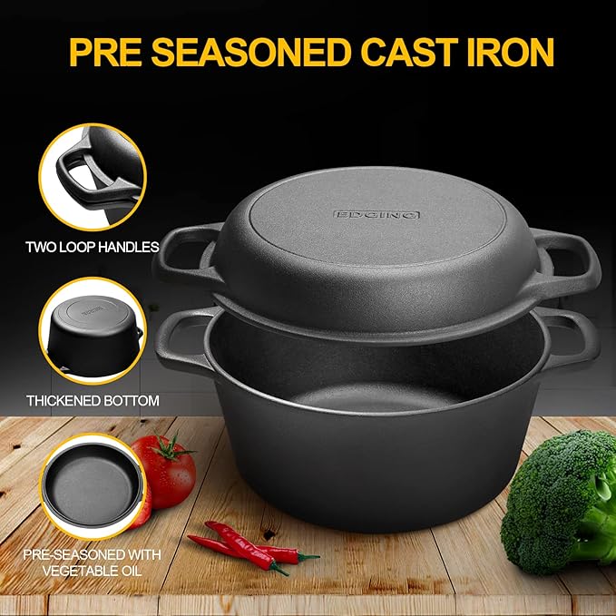2-in-1 Pre-Seasoned Cast Iron Dutch Oven Pot with Skillet Lid Cooking Pan, Cast Iron Skillet Cookware Pan Set with Dual Handles, Indoor Outdoor for Bread/Frying/Baking/Camping/BBQ, 5 Qt