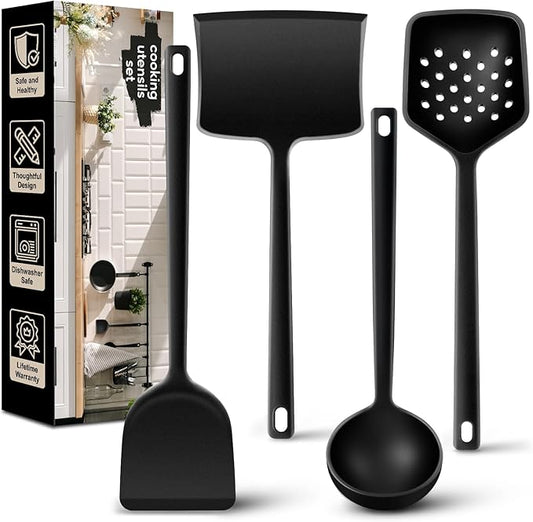 4 Pcs Silicone Cooking Utensils Set, Heat Resistant Silicone Spatulas Include Solid & Pancake Turner, Solid & Slotted Soup Ladle, Kitchen Utensils set for Non-Stick Pans, for Frying Draining Flipping