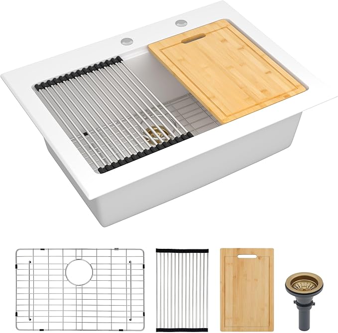 30"x22" Granite Composite Kitchen Sink – White Ledge Workstation Drop-In Topmount Granite Quartz Classic Single Bowl Sink Basin