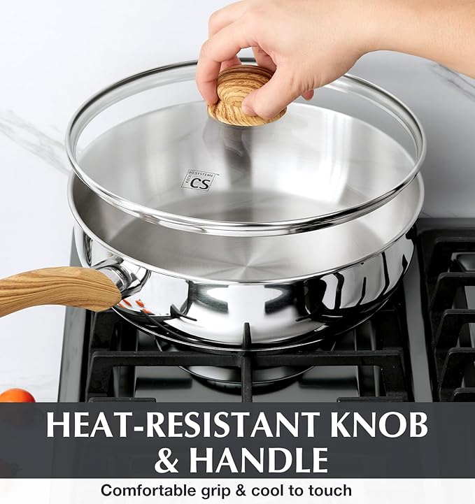 KOCH SYSTEME CS Saute Pan with Lid, 12 Inch Deep Frying Pan with Lid, 5.5 Quart Stainless Steel Saute Pan with Stylish Cool-Touch Bakelite Handle, 12 Inch Deep Stainless Steel Pan, Induction Ready