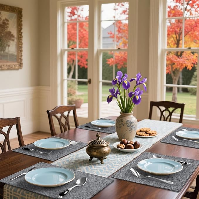 Homaxy Cloths Placemats for Dining Table Set of 8, Heat Resistant Washable Cotton Linen Blend Table Mats, Easy to Clean Place Mats for Indoor Outdoor Party Kitchen Decoration, 13" x 19", Dark Grey