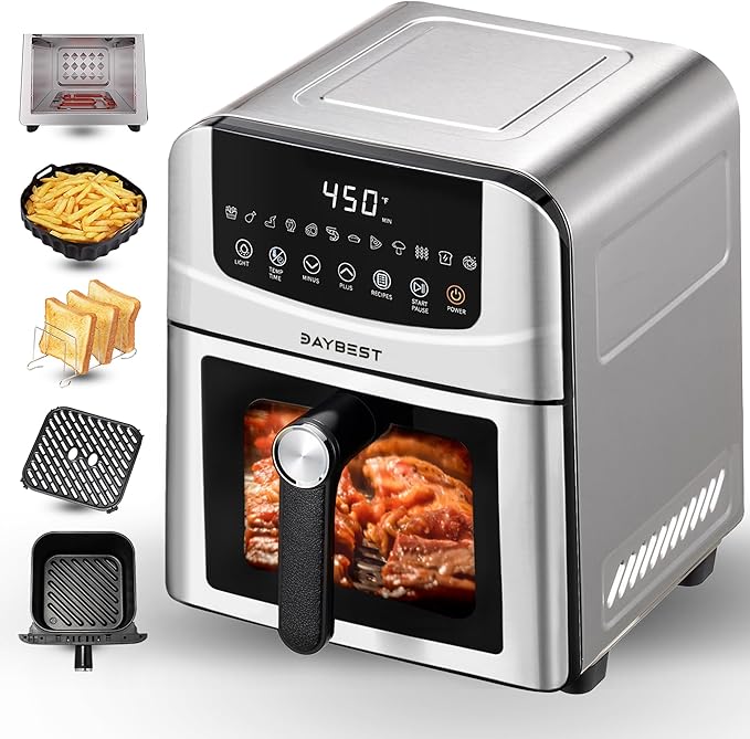 6QT Air Fryer, 2-3 Servings, 12-in-1 Dual Heats Stainless Steel & Full Metal Housing, Deep Basket with PFAS & PTFE-Free Premium Ceramic Coating, 1700W, DAYBEST Dishwasher Safe Kits (Silver)