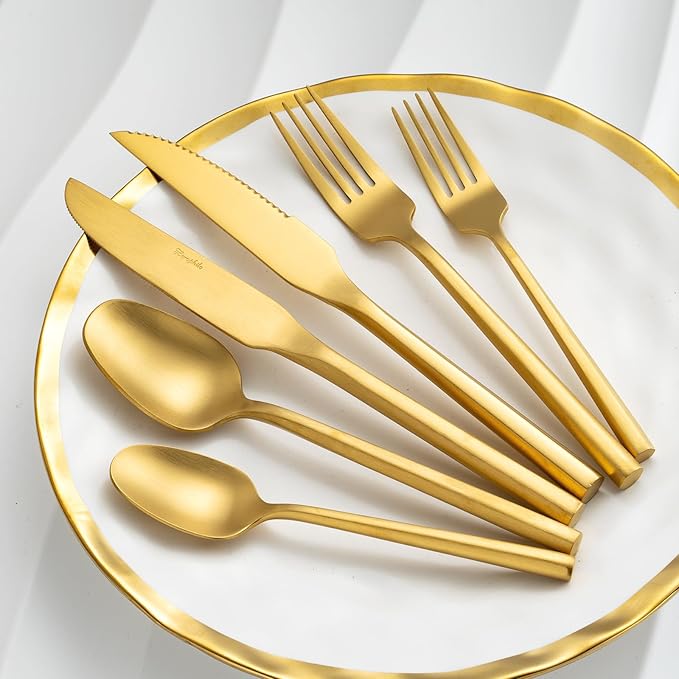 Gold Silverware Set with Steak Knives,Zerophilo Flatware Set with Hexagon Handle 24 Pieces 18/0 Stainless Steel Cutlery Set for 4,Dishwasher Safe