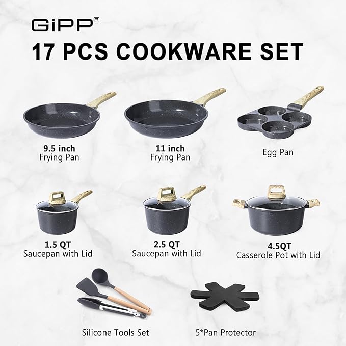 GiPP Ceramic Pots and Pans Set Non Stick - 17 Pcs Nonstick Cookware Set, Non-toxic Healthy Kitchen Cooking Set w/Frying Pans Set, Dishwasher Safe, PFAS PTFE PFOA PFOS Free