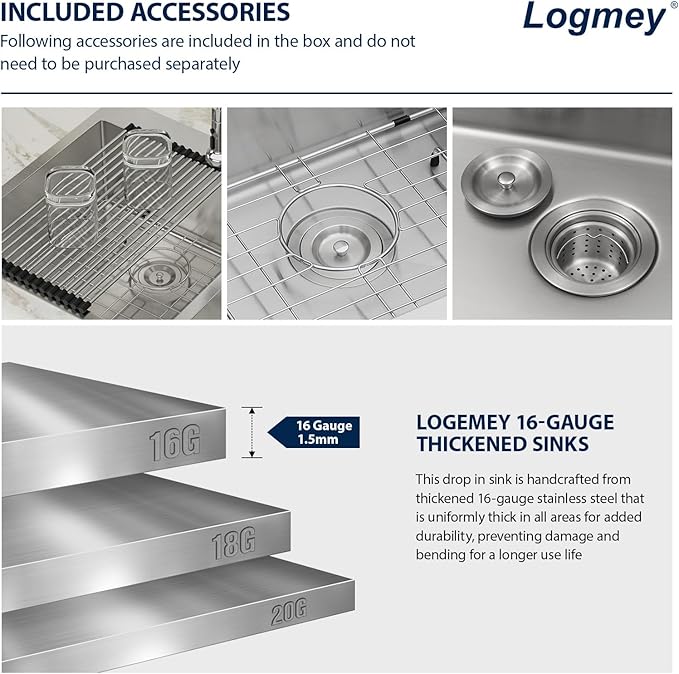 Logmey 33 Inch Double Bowl Drop-In Kitchen Sink 33x22x9 Inch 60/40 Nano Coating Stainless Steel 16 Gauge Handmade Topmount Kitchen Sink