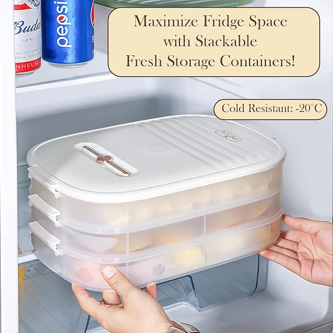 4-Layer Dumpling Storage Container – Freezer Organizer with Smart Timer, Good Sealing, Stackable Food Containers, Anti-Stick Base & Clip Lid (White Lid & Transparent Box)