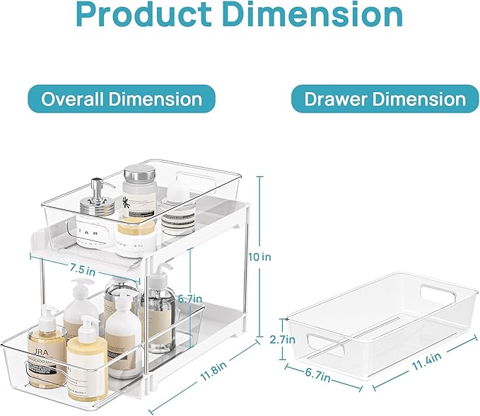 Vtopmart 2 Pack Bathroom Organizer, 2 Tier White Under Sink Organizers Vanity Countertop Storage Container,Cabinet Drawers Bins, Pull-Out Organization with Track for Pantry, Kitchen