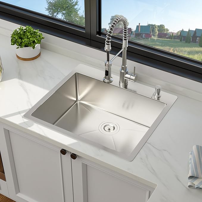 25 Drop In Kitchen Sink - 25 x 22 Inch Stainless Steel Kitchen Sinks Topmount 16 Gauge Single Bowl Above Counter Handmade Bar Sink with Offset Drainer