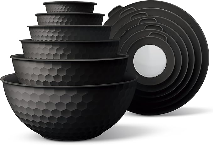 COOK WITH COLOR Mixing Bowls with Lids - 12 Piece Plastic Nesting Bowls Set includes 6 Prep Bowls and 6 Lids, Non Slip Bottom and Embossed Design - Microwave Safe (Black)
