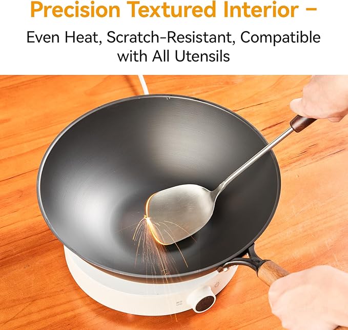 WANGYUANJI 12.6 Inch Iron Wok with Glass Lid, Flat Bottom Stir Fry Pan with Wooden Handle, Non-Coated Naturally Nonstick Skillet, Traditional Chinese Wok for Gas, Electric & Induction Cooking