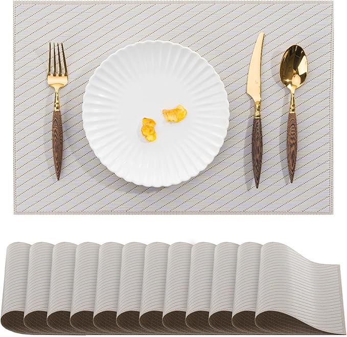 BACKTOEDEN Placemats Set of 12 Heat Resistant Washable Wipeable Placemat Woven Non-Slip Foldable Vinyl/Plastic Place Mats Indoor/Outdoor Mat Kitchen Dining Table Pad, Light Gray Twill