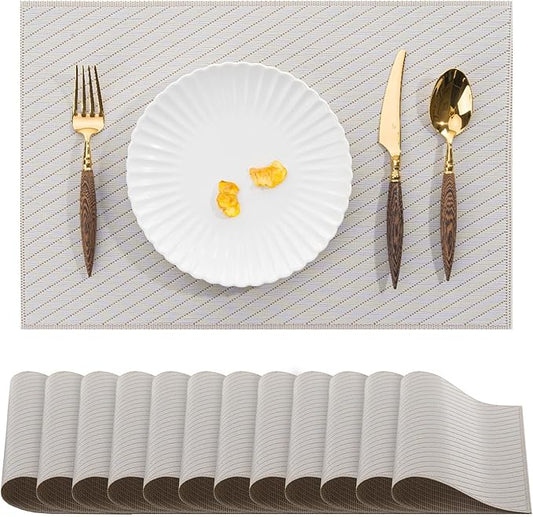 BACKTOEDEN Placemats Set of 12 Heat Resistant Washable Wipeable Placemat Woven Non-Slip Foldable Vinyl/Plastic Place Mats Indoor/Outdoor Mat Kitchen Dining Table Pad, Light Gray Twill