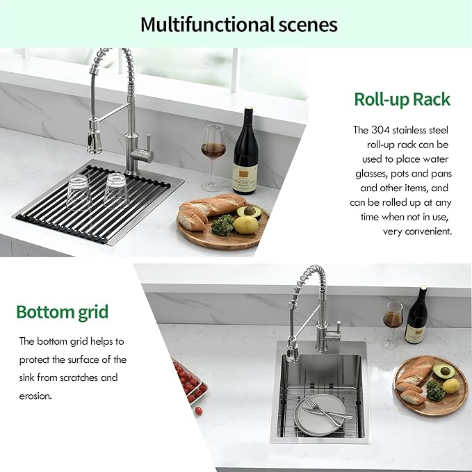 Drop In Kitchen Sink, 15 x 20 x 10 Inch 16 Gauge Single Bowl Topmount Wet Bar Sink T-304 Stainless Steel RV Kitchen Sinks