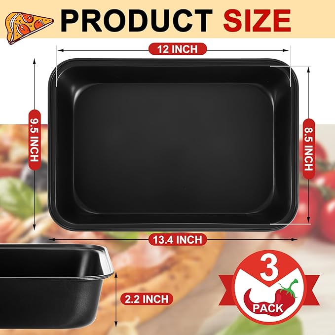 3 Pcs Detroit Style Pizza Pan 13.4 x 9.5 x 2.2 Inch Non Stick Rectangle Deep Pizza Pans Pre Seasoned Carbon Steel Sicilian Style Pan Dish Bakeware Kitchenware